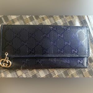 Gucci EUC Blue GG Imprime Canvas Continental Bifold Long Wallet